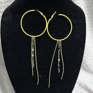 Repurposed neon yellow hoop earrings  w drop dangle gold and green link chain
